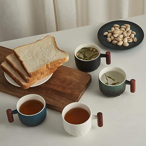 6oz Ceramic Espresso Cups with Wooden Handles - Set of 4 Coffee & Tea Mugs