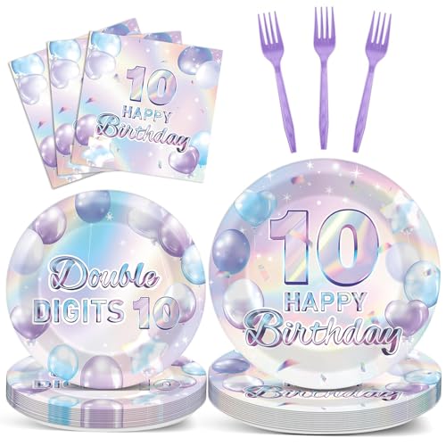 96-Piece 10th Birthday Party Supplies Set, Iridescent Purple Tableware