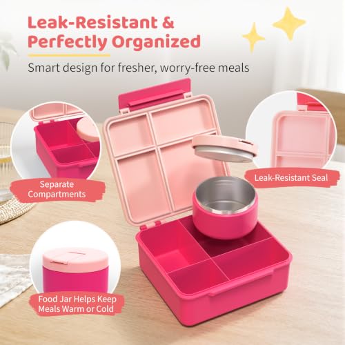Pawtong Kids Bento Lunch Box with 8oz Soup Thermo and 4 Compartments - Pink