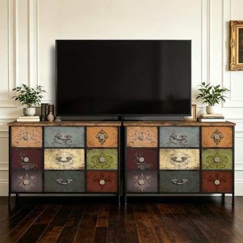 9-Drawer Fabric Dresser with Floral Print, Wide Storage Cabinet for Bedroom