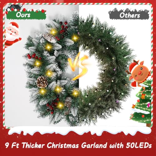 JGIRL 9 FT Christmas Garland with Lights & 50 LEDs, White, 9 Modes