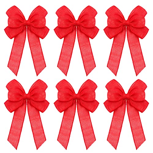 Xinnun 6 Pcs Christmas Burlap Bows Wreath Decorations, Red, Plain Style