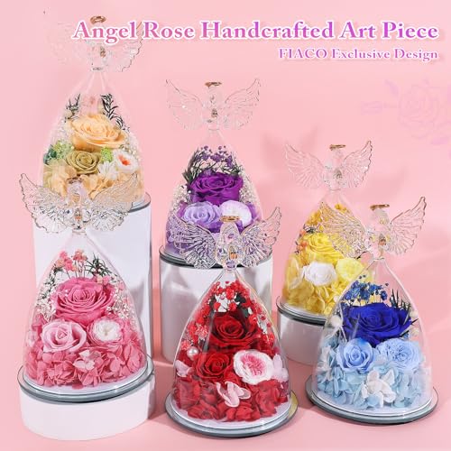 Preserved Rose Glass Angel Figurine with LED Lights - Forever Flower Gift Box