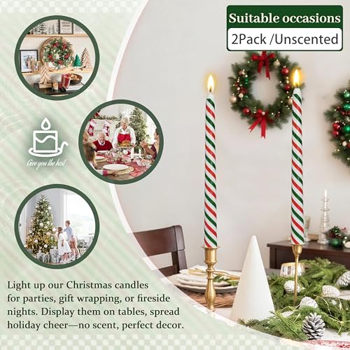 Christmas Printed Taper Candles 10 Inch, Unscented 2 Pack – Red & Green Stripes with Trees & Santas (Variation: Christmas-Red and Green Stripes / 10 INCH)