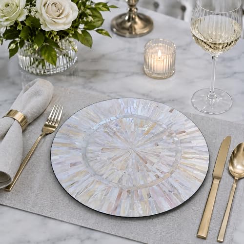 Champagne White 4-Piece Wooden Mother of Pearl Charger Plates Set - Radiating Gold Inlay, Artisanal Round Placemats for Weddings & Holidays
