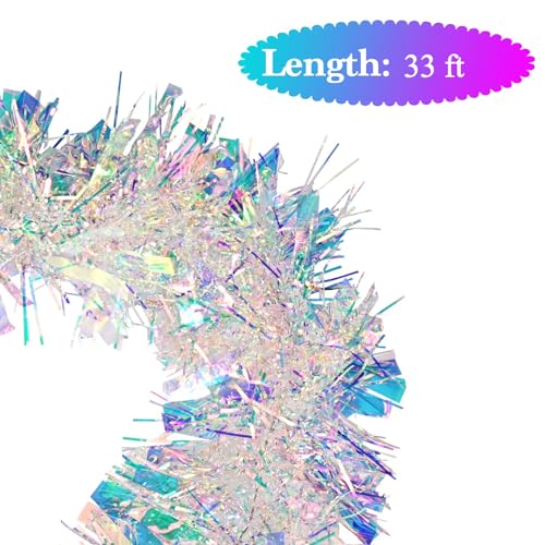 GlyinnHe 33FT Iridescent White Christmas Tinsel Garland for Holiday Decor