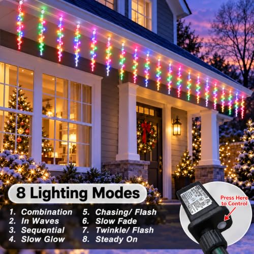 Pooqla Icicle Lights Outdoor Christmas 12 Tubes 120 LED Colorful with 8 Modes