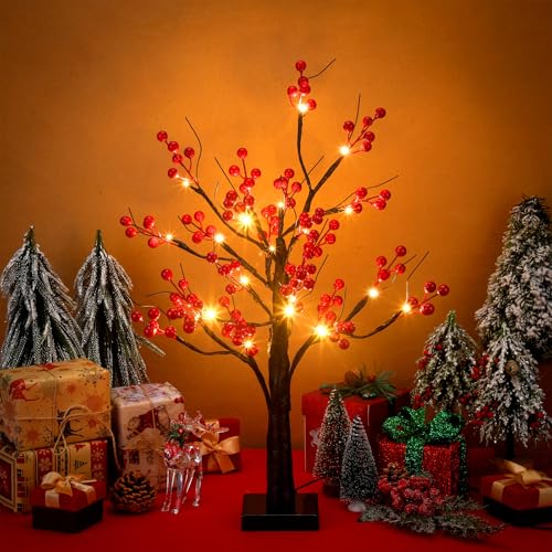 Two-Piece Lighted Christmas Red Berry Tree Decor, 23.6in