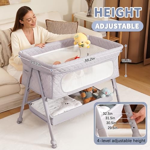 Adjustable Bedside Sleeper Baby Bassinet with Wheels & Mattress - Grey