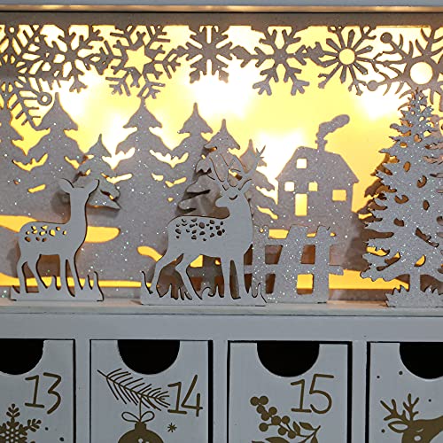 Pioneer-Effort Wooden Advent Calendar with LEDs, White & Gold – 24-Drawer Countdown Decor