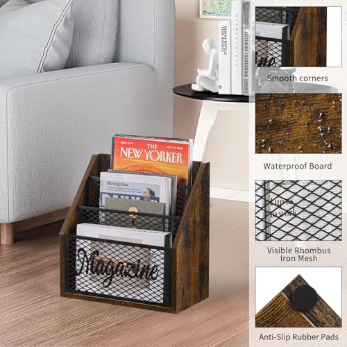 3-Tier Stepped Magazine Rack, Wood and Metal Floor Book Organizer
