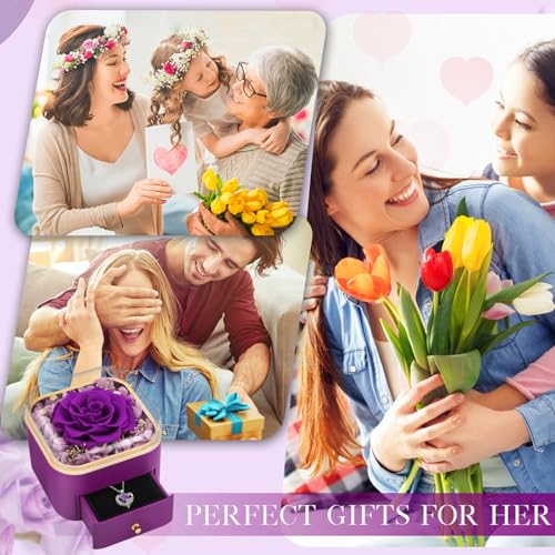 Preserved Real Purple Rose with Heart Necklace Jewelry Box Gift Set