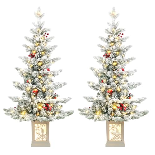 iphlitlvz 2-Pack 3.5ft Snow Flocked Pre-Lit Christmas Tree with Snowflake Base, Battery Operated & Auto Timer