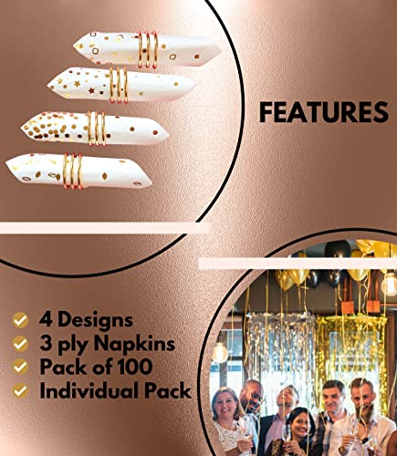 Winoo Design Gold Assorted 100-Pack Cocktail Napkins - 3-Ply, 5x5 Inches, Party, Wedding, Baby Shower