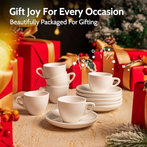 Sweese 2oz White Porcelain Espresso Cups & Saucers Set of 6 - Daily Coffee Ritual