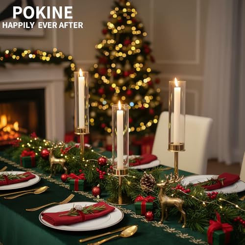 POKINE Gold 6pcs Taper Candle Holders Set – Varying Heights, Glass Candlestick Set