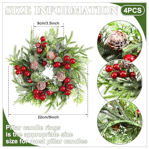 4-Pack Mini Christmas Candle Ring Wreaths with Berries & Pinecones