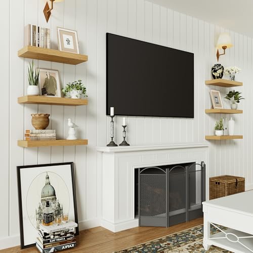 16-Inch Floating Wall Shelves, Set of 2 Rustic Oak Wood Storage Ledges