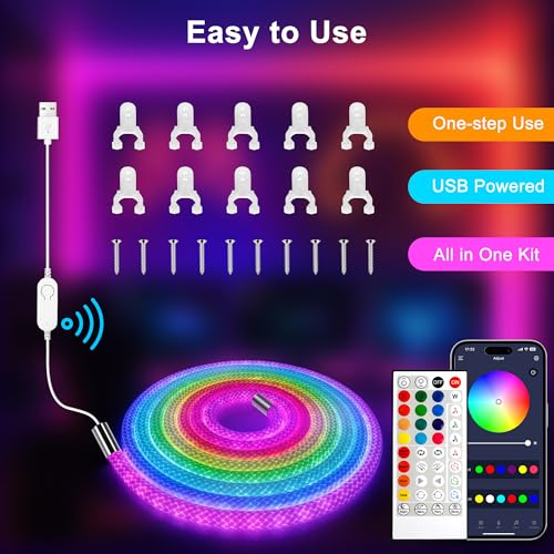 10ft USB LED Rope Lights, 360° RGB Music Sync Neon Lighting for Gaming Rooms