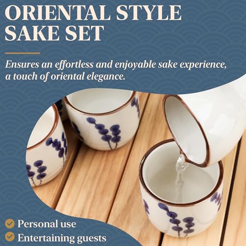 Ceramic Sake Set for 4 - Japanese Porcelain Sake Carafe & Cups - Gift Ready
