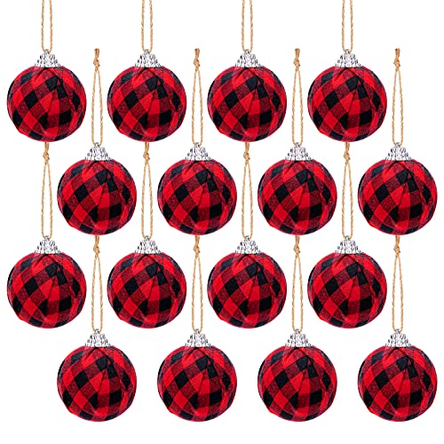 Red Black Plaid Buffalo Fabric Christmas Ornaments 16 Pack - 2.16" Hanging Decor