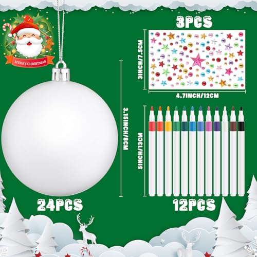 DIY Christmas Ornament Kit - 24 White Plastic Balls with Markers & Stickers - Variation of 24