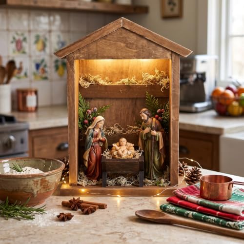 Wesiti Lighted Wooden Nativity Manger with Roof Star - Christmas Scene Decor