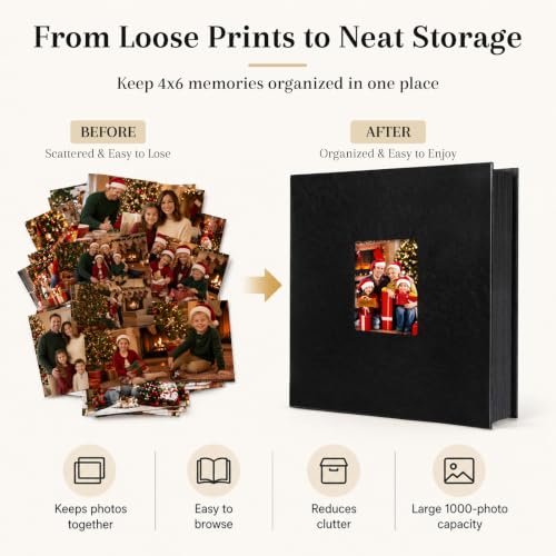 Large Capacity 4x6 Photo Album, 1000 Photos, Leather Cover with Window
