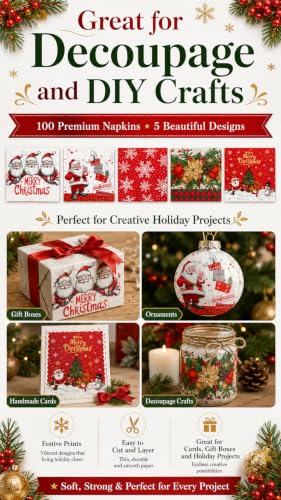 100 Pack Christmas Napkins for Decoupage - 6.5 Inch, 2-Ply Paper Napkins
