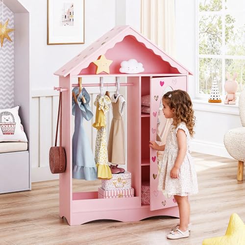 Kids Dollhouse Dress Up Wardrobe with Mirror and Storage Closet