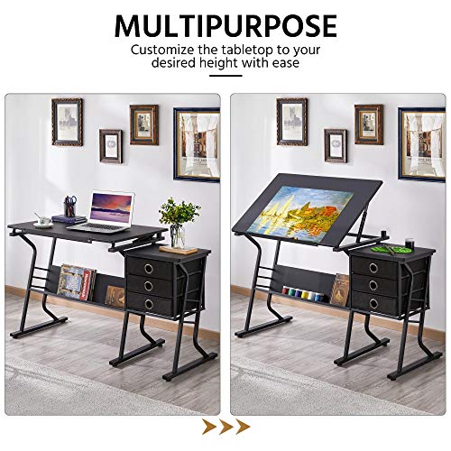 Height Adjustable Drafting Table with Stool and Storage Drawers