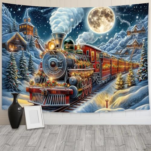 DYNH Christmas Steam Train Tapestry 60x40 Inches Snow Moon Mountain Cabin Railway Wall Hanging for Kids Bedroom & Living Room Decor