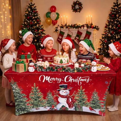 Merry Christmas Stretch Table Cover 2 Pack for 6ft Tables Red Snowman Pine Tree