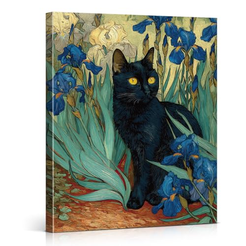 Suifad Oil-9 Vintage Floral Cat Wall Art 8x10 in Framed Canvas Print - Blue Flowers