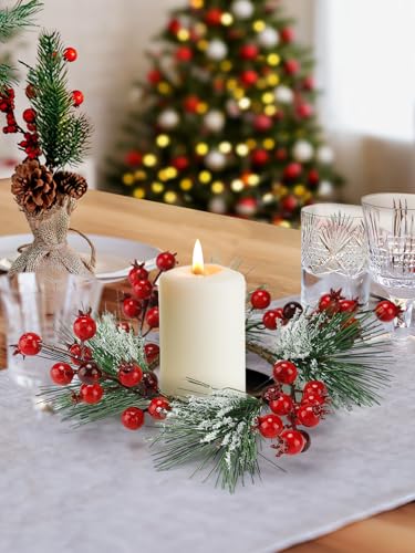 Christmas Candle Rings 4-Pack - Red Berry Wreaths for 3-Inch Pillar Candles