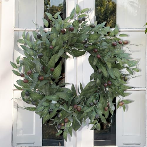 20-Inch Artificial Olive Wreath for Front Door, Realistic Leaf & Berry Decor