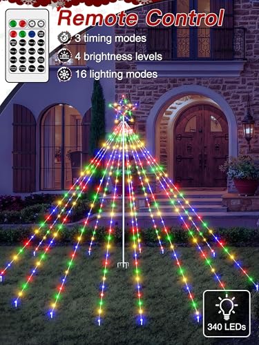 BrightChristmas Outdoor 340 LED Christmas Tree Lights with Top Star, Multicolor, 16 Modes, IP67
