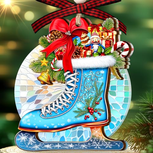 SUFAVN Ice Skate Christmas Ornament - Laser-Cut Holiday Decor for Skaters - 2-Layer Wood & Acrylic - Christmas Tree Ornament - Perfect Gift for Ice Skaters