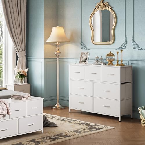 7-Drawer Fabric Dresser & TV Stand for Bedroom & Living Room - White
