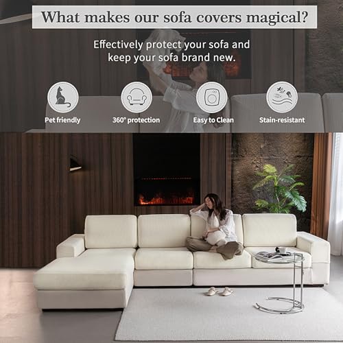 Stretch Couch Back Cushion Cover - Water-Resistant Sofa Slipcover, Ivory