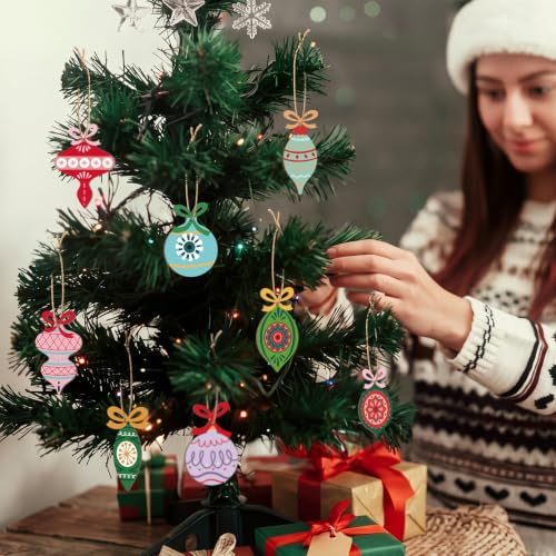 Amyhill Vintage 24 Pcs Wooden Christmas Ornaments with Rope - Retro 12 Styles