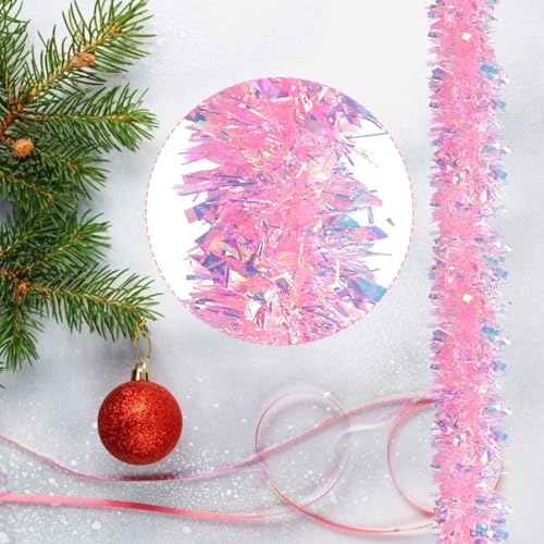Pink Tinsel Garland 17ft Glittering Holiday Decoration for Christmas Tree