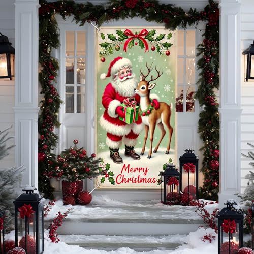 IVN Santa Reindeer Door Cover Decoration Banner 71 x 35 in - Double Sided