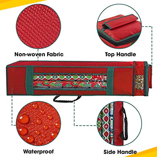 Wrapping Paper Storage Bag with Pockets Handles and Clear Window Red