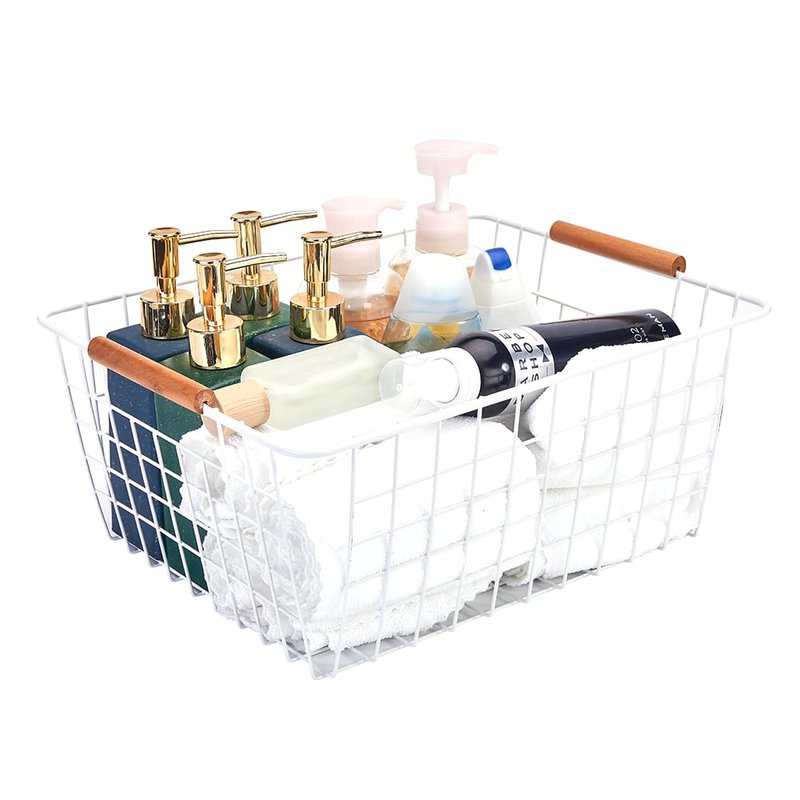 LeleCAT Large white wire baskets with Wooden Handles for storage pantry, Storage Organizer Baskets, Household Refrigerator for Cabinets, Closets, Bedrooms, kitchen - Set of 3 White