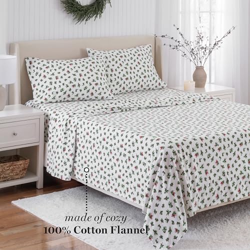 Holiday Boughs of Holly Cotton Flannel Sheet Set Twin - Red & Green