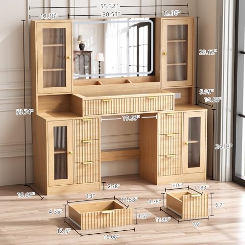 55" Large Makeup Vanity Desk with Lighted Mirror, Charging Station & Storage