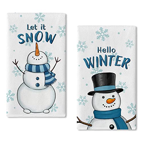 Seliem Hello Winter Snowman Kitchen Dish Towel Set of 2 - Blue Snowman, Let it Snow Snowflakes, Holiday Xmas Decor, 18x26 Inches - White Variation