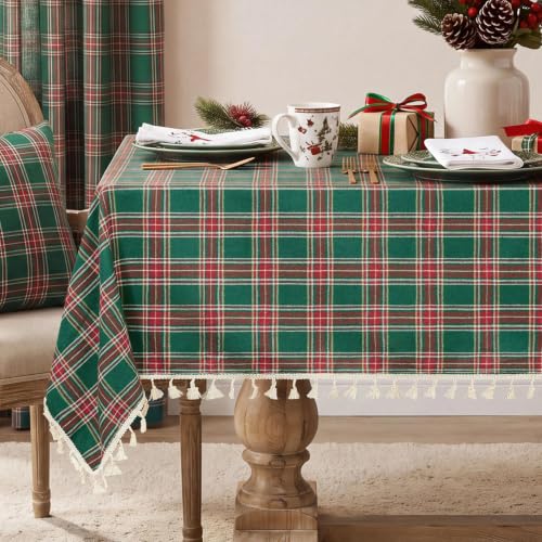 Softalker 55" x 120" Green Christmas Plaid Tassel Tablecloth, Linen Cotton Blend