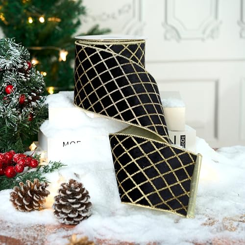 MAYREEL Black & Gold Velvet Wired Ribbon 4 Inch x 10 Yards Christmas Decor